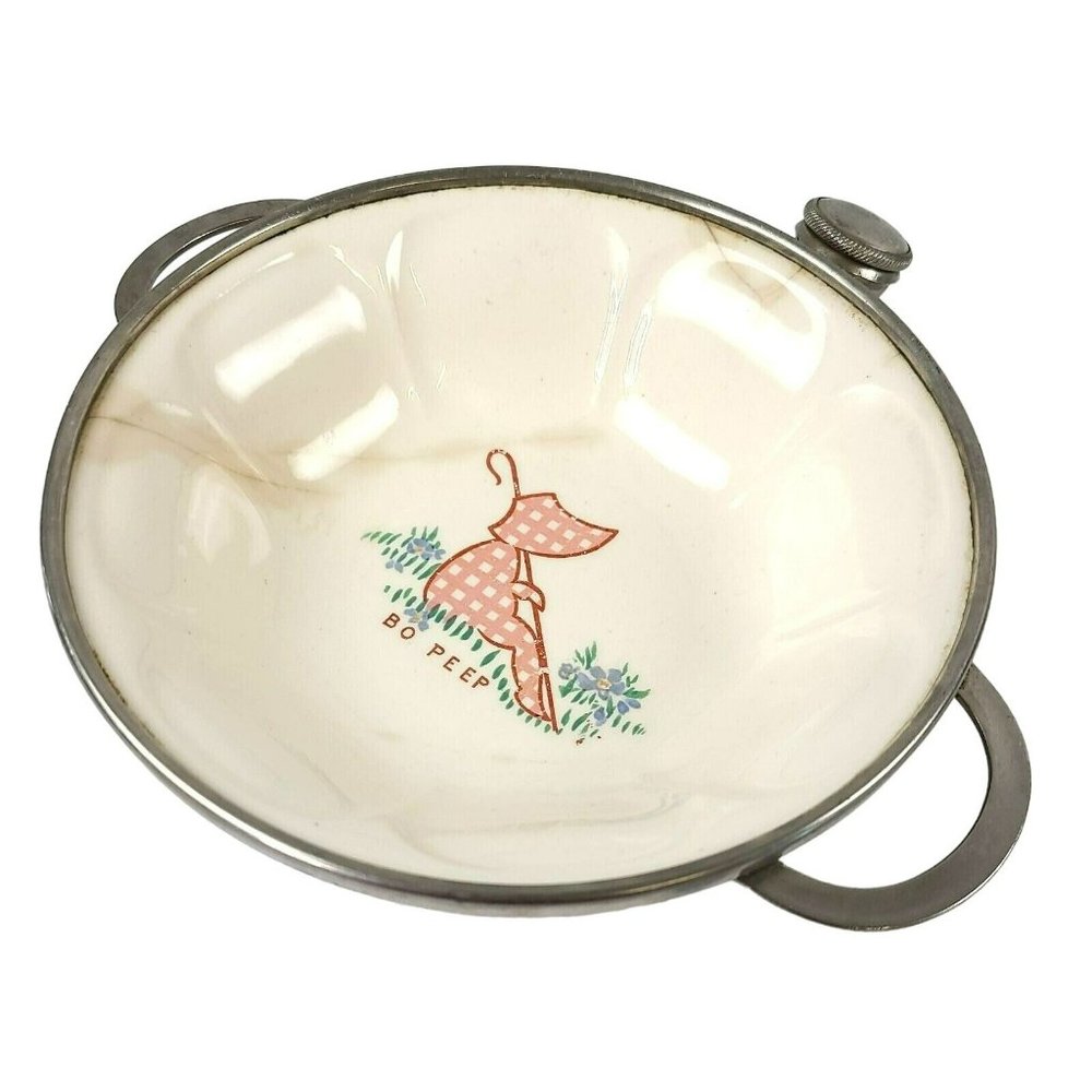 VTG Child Porcelain Warming Bowl w Reservoir Colonial Plate USA Little Bo Peep